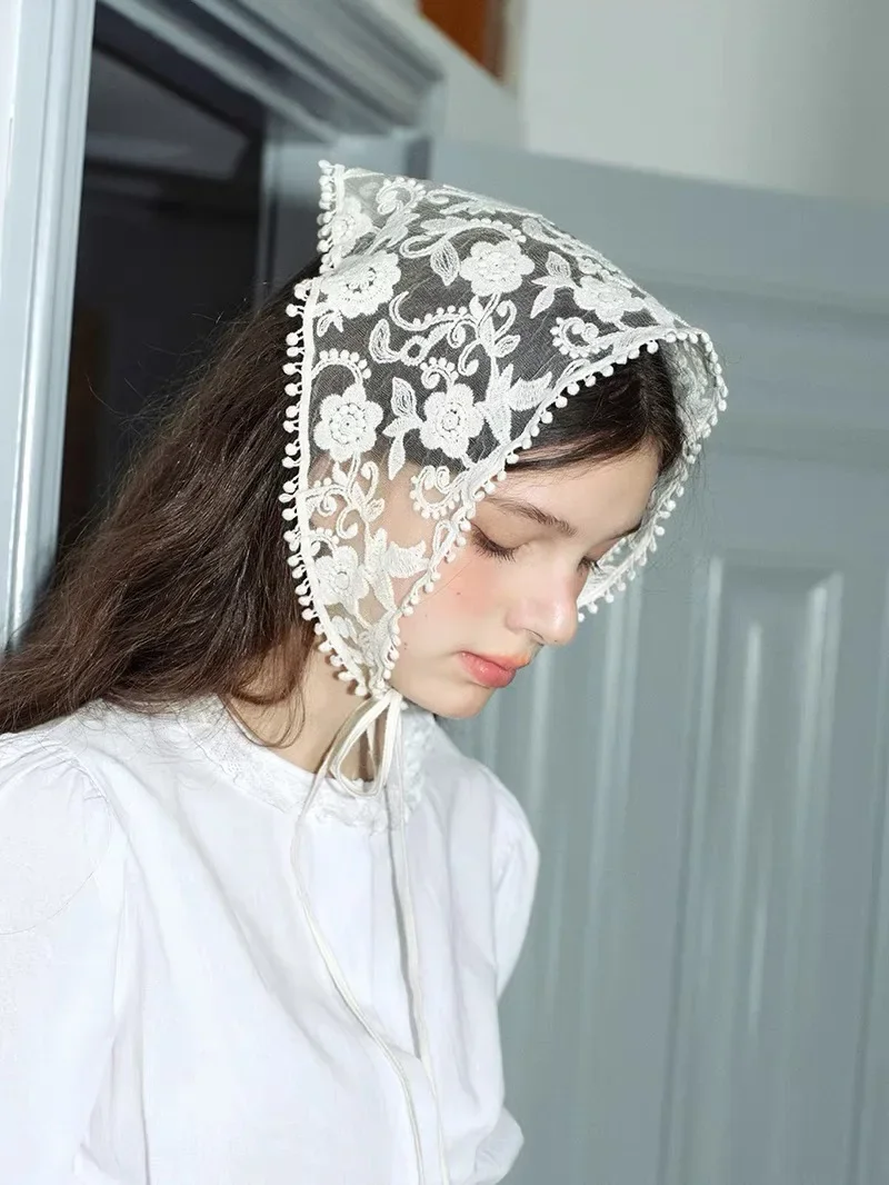 White Woven Floral Lace Hair Scarf Women Retro Triangle Headscarf Travel Photo Headband Hat Hair Accessories