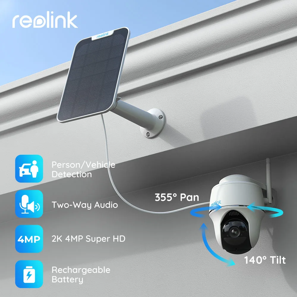 Reolink 2K Câmara de vigilância WiFi exterior com painel solar, Argus  PT-4MP de 360º