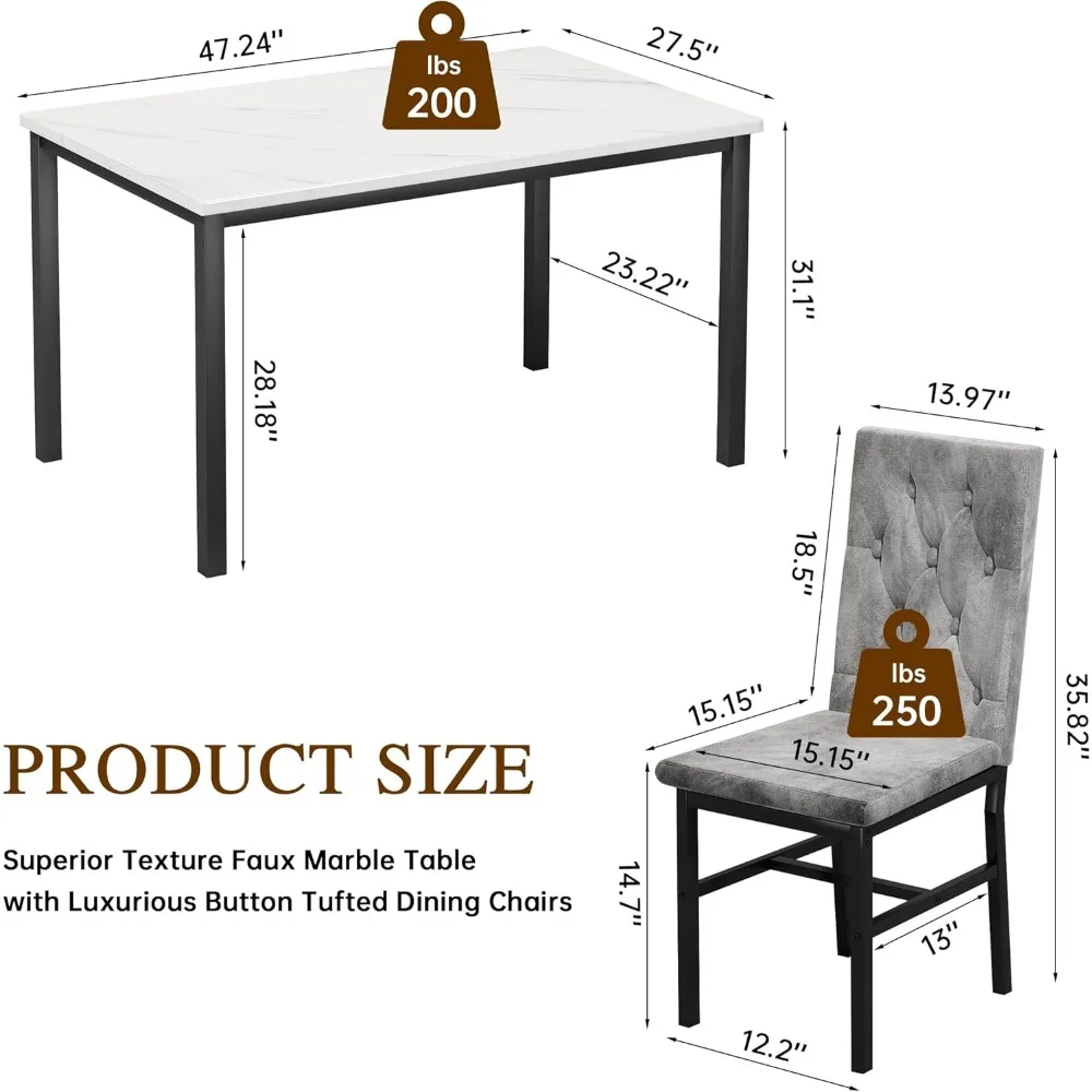 Dining Table Set for 4 Faux Marble Small Kitchen Table Chairs Set of 4 with Luxurious Button Tufted Dinner Chairs 6