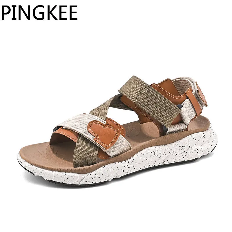 

PINGKEE Hook Loop Fabric Upper Adjustable Casual Round Open Toe Beach Sandals Slip on Leather Male Sandal Summer Men's Shoes