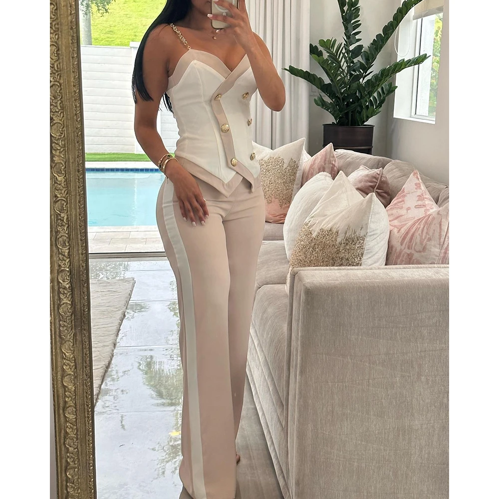 Women Elegant 2 Piece Suit Set Summer Double Breasted Spaghetti Chain Strap Cami Top & Straight Pants Set Slim Elegant Outfits