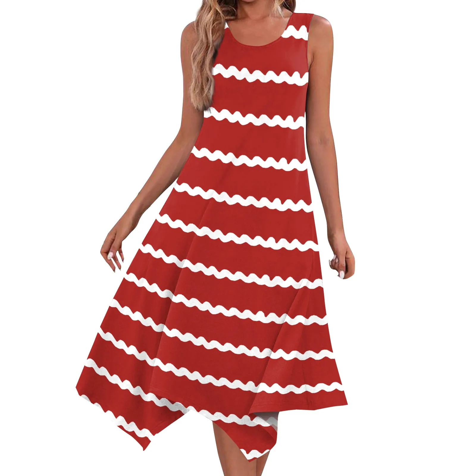 

Women's Casual Fashion Round Neck Sleeveless Print Irregular Hem Midi Dress vestidos para mujer فساتين السهرة traf 2024 woman