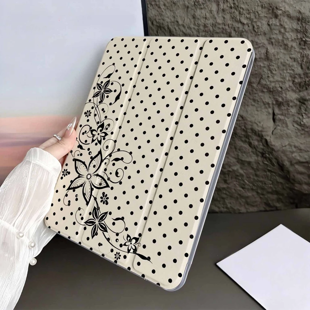 Black Floral Vine and Polka Dots Tablet Case with Pen Slot