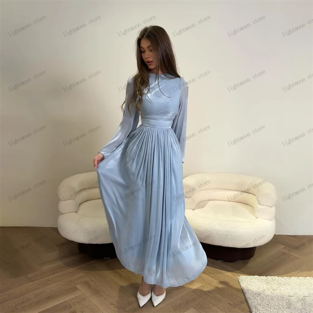 

Graceful Prom Dresses Taffeta Evening Dress Modest Blue Ball Gowns Full Sleeves Floor Length Robes For Party Vestidos De Gala