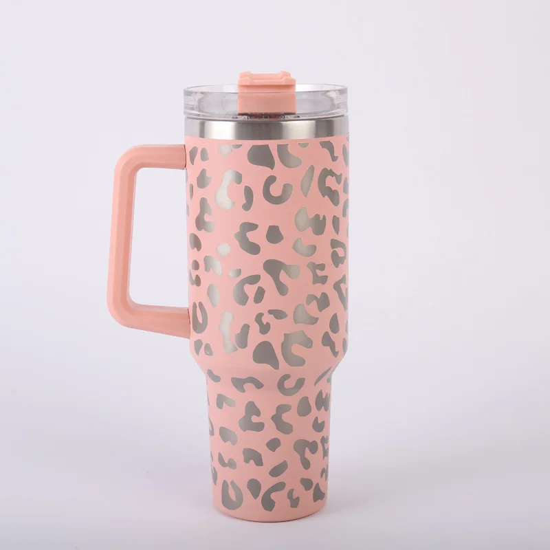 Leopard-Printed Portable 40oz Stainless Steel Water Bottle - Leakproof,  Insulated & Comes with Lid & Straw - Perfect for Outdoor Activities!