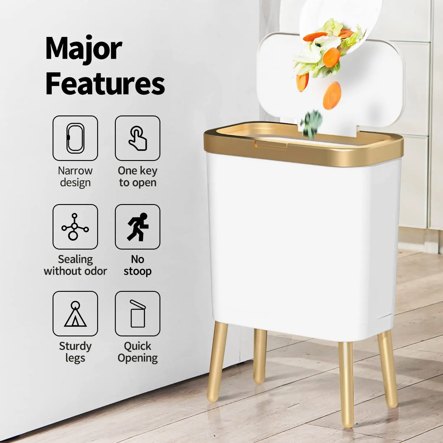 15L Large-capacity Golden Luxury Trash Can for Kitchen Bathroom Creative  High-foot Press Type Plastic Waste Bins with Lid