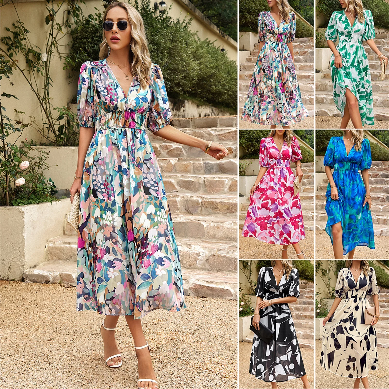 Vestidos de longitud completa con cuello alto y abertura Caléndula