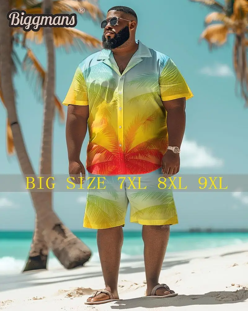 Biggmans Shirt Plus Size Set L-9Xl for Summer Oversize Hawaii Suit  Men's Gradient Coconut Tree Print Large 7XL 8XL
