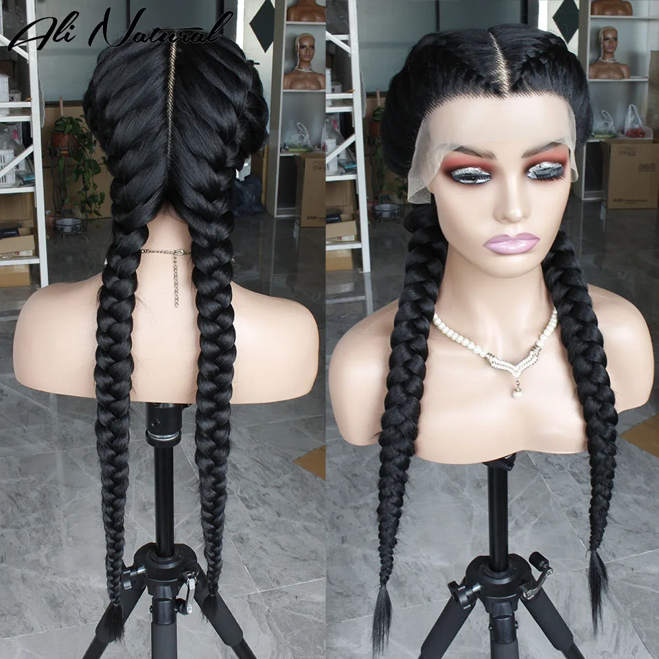 

Box Braided Wig Synthetic Hair Lace Frontal Wig African Braiding Hair 2 Dutch Braids Middle Part Lace Braid Wig for Black Women