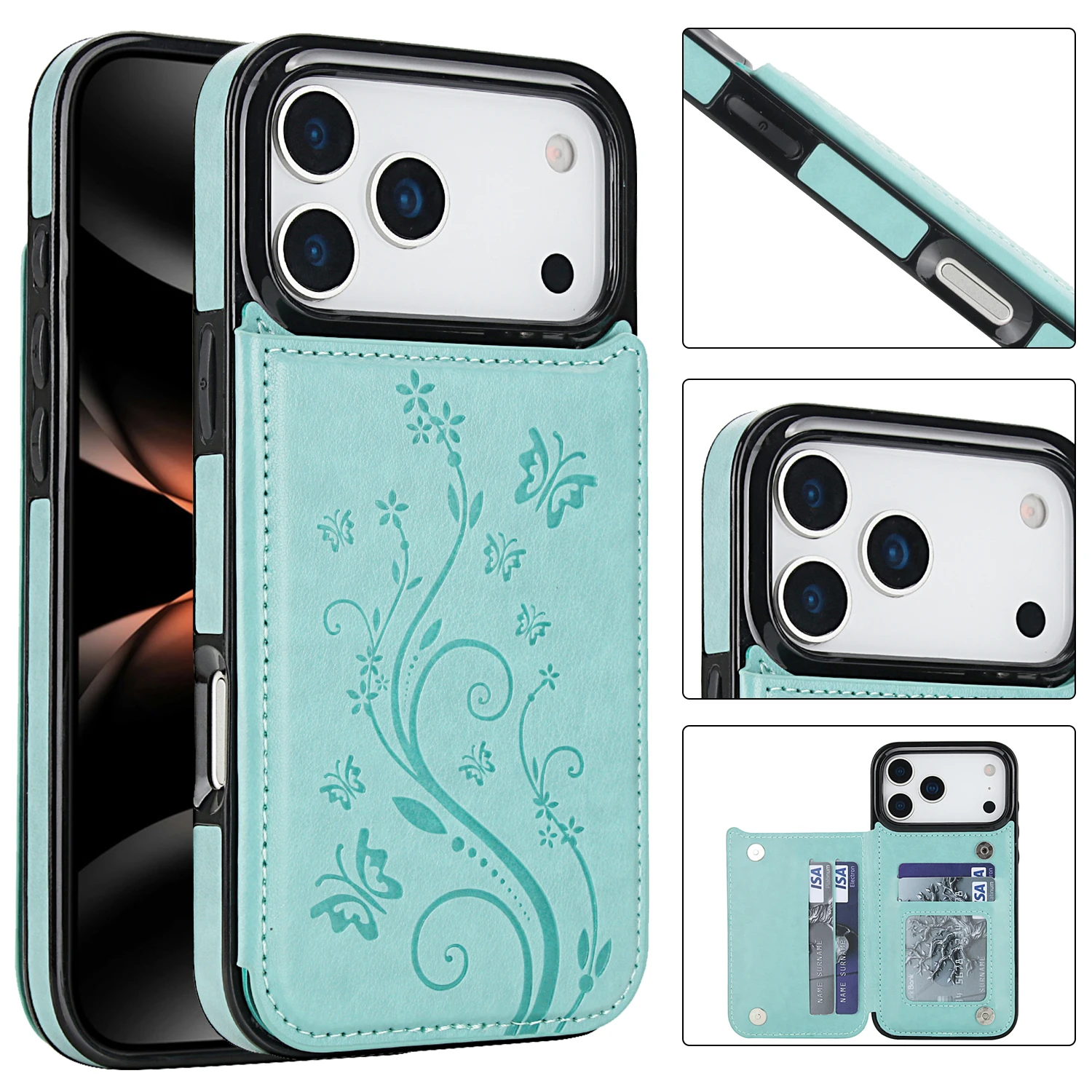 Elegant Butterfly Press Leather Wallet Case with Double Buckle Stand and Card Holder