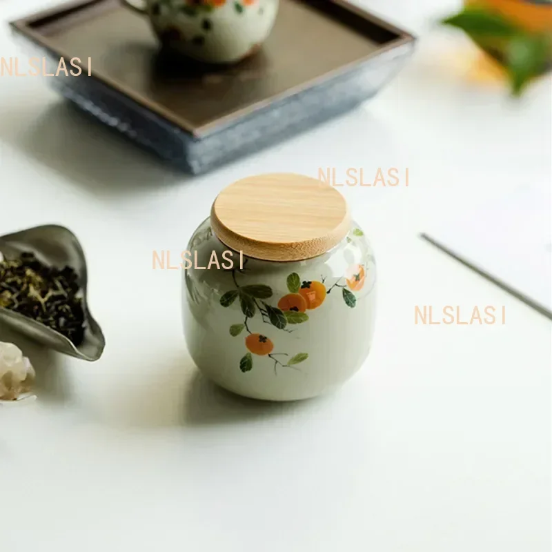 1pc Chinese Ceramic Tea Caddy Hand-painted Persimmon Tea Jar Travel Tea Bag Storage Box Sealed Container Storage Tank Teaware