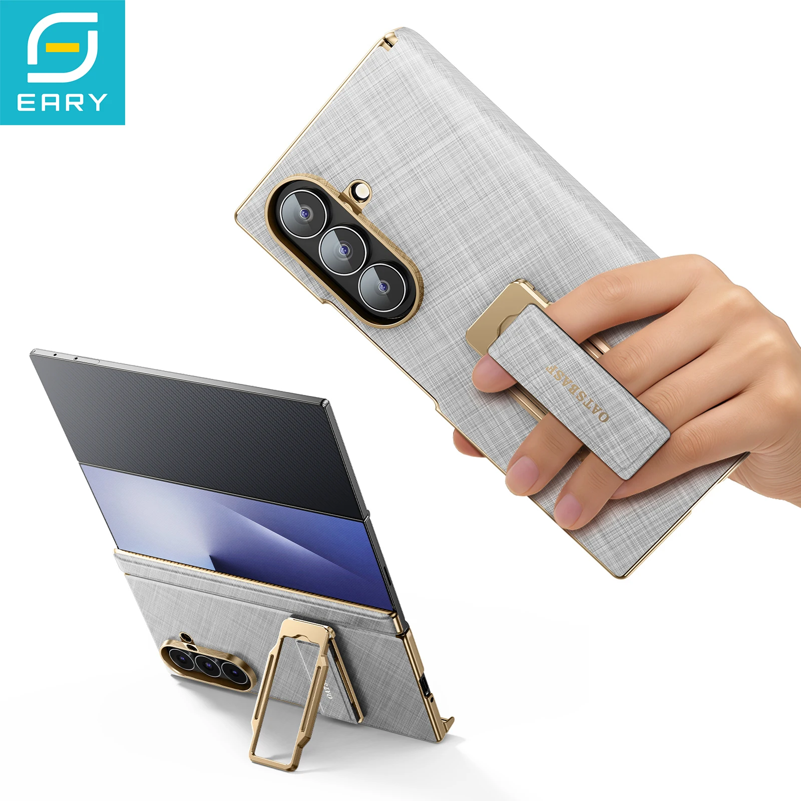 Eary TriFold Phone Case with 360° Rotate Magnetic Grip and Leather Kickstand