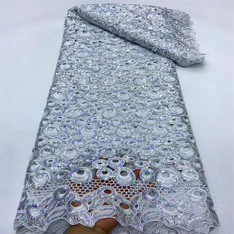 

Water Soluble Lace Fabric for Wedding Dress, Nigerian Sequin Lace, French Milk Silk, High Quality, 2024