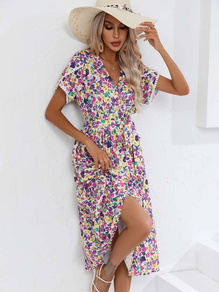 

2023 Fashion Party Dress Elegant Floral Split V Neck Dress for Women's Summer Wardrobe Elegant and Pretty Dresses for Women