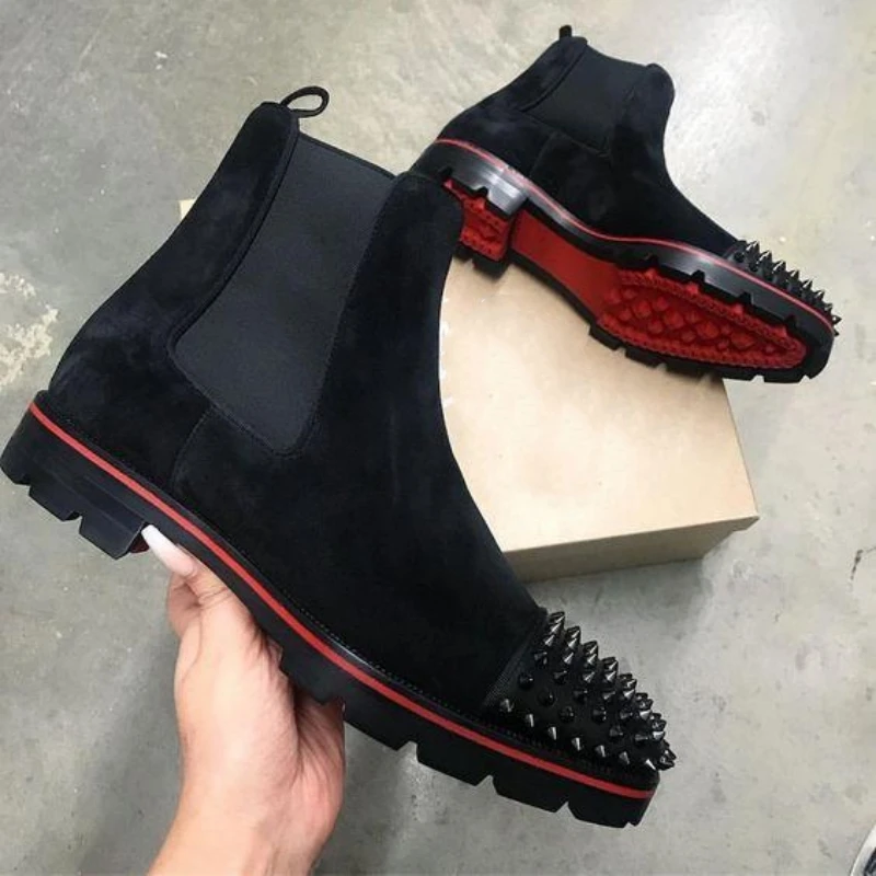 

New Black Men Chelsea Boots Flock Rivet Square Toe Red Sole Punk Handmade Men Short Boots Bottes Pour Hommes