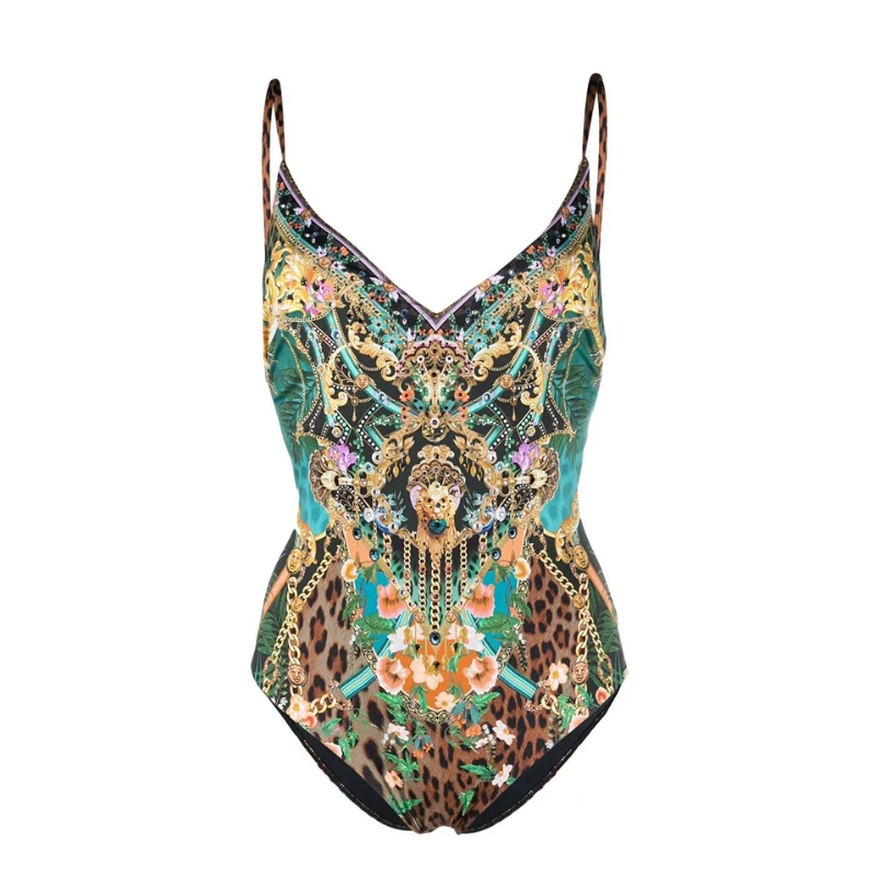 Golden Print Swimsuit Sexy Retro Baroque V-Neck Swimwear One Piece Novelty Bodysuit Push Up Lady Beachwear Vintage Cover-up