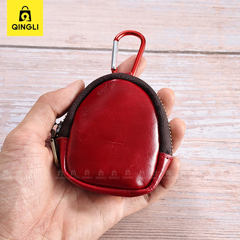 New Cowhide Coin Purse Genuine Leather Mini Wallet Carabiner Headset Coin Bag with Key chain Women's Bag Pendant Change Wallet