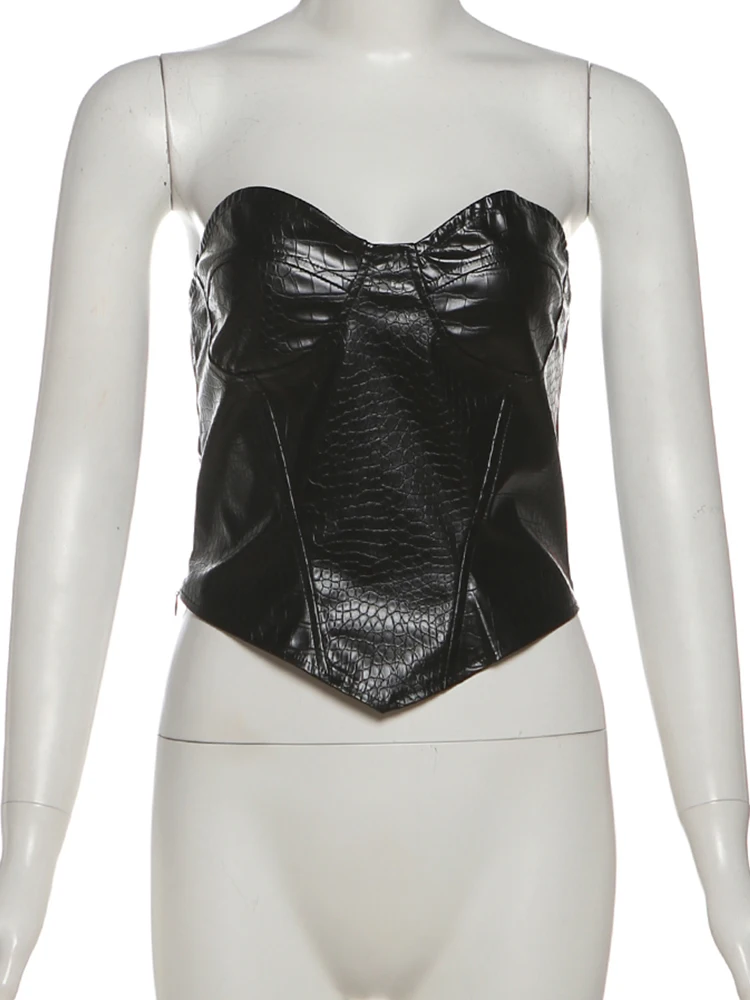 Nibber Faux Leather Corset Tops Women Low-Neck Sexy Midnight Skinny Hottie Retro Music Festival Wild Hip Hop Style Streetwear