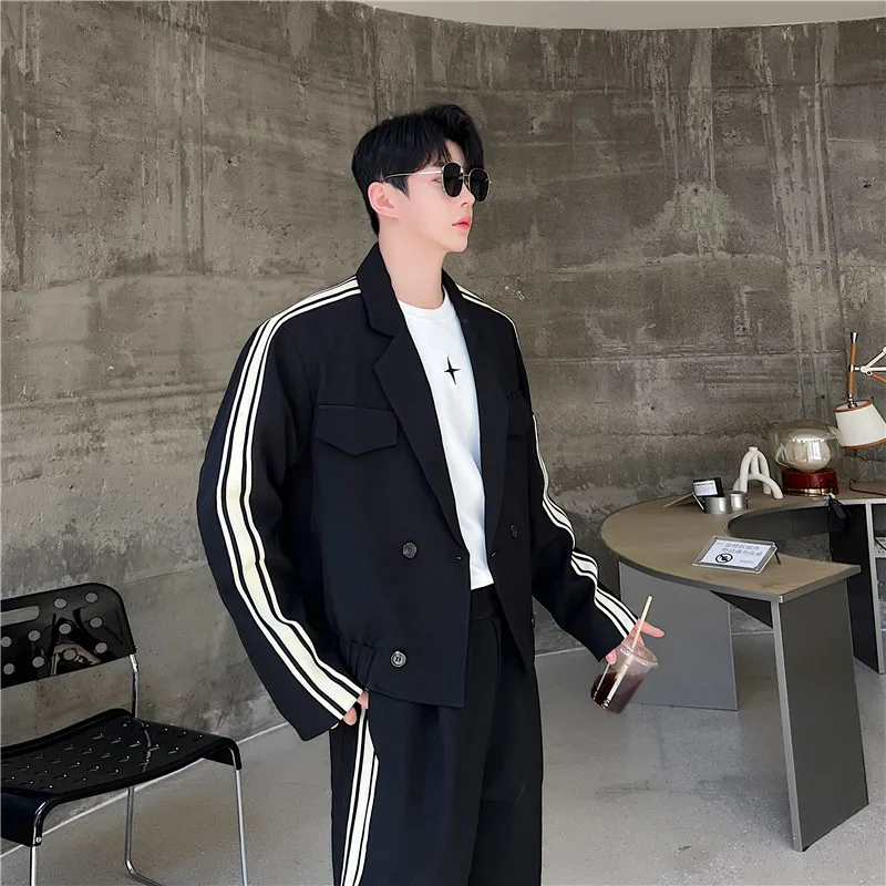 Spring 2024 High-End Men's Sets Long Sleeve Contrast Color Striped Suit Men's Fashion Wide-Leg Trousers Handsome Two-Piece Suit