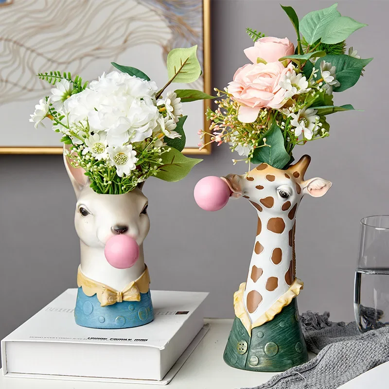 Creative Modern Animal Head Resin Succulent Vase FlowerPot Hand Painting Giraffe Zebra Panda Blowing Bubbles Animal Bust Figure 4