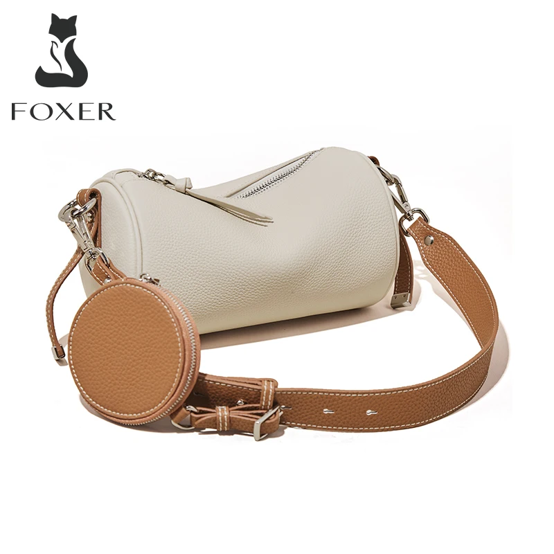 

FOXER Cowhide Leather Women Shoulder Messenger Bag Simple Soft Crossbody Hobos Bag Fashion Lady Luxury Barrel-shaped Evening Bag