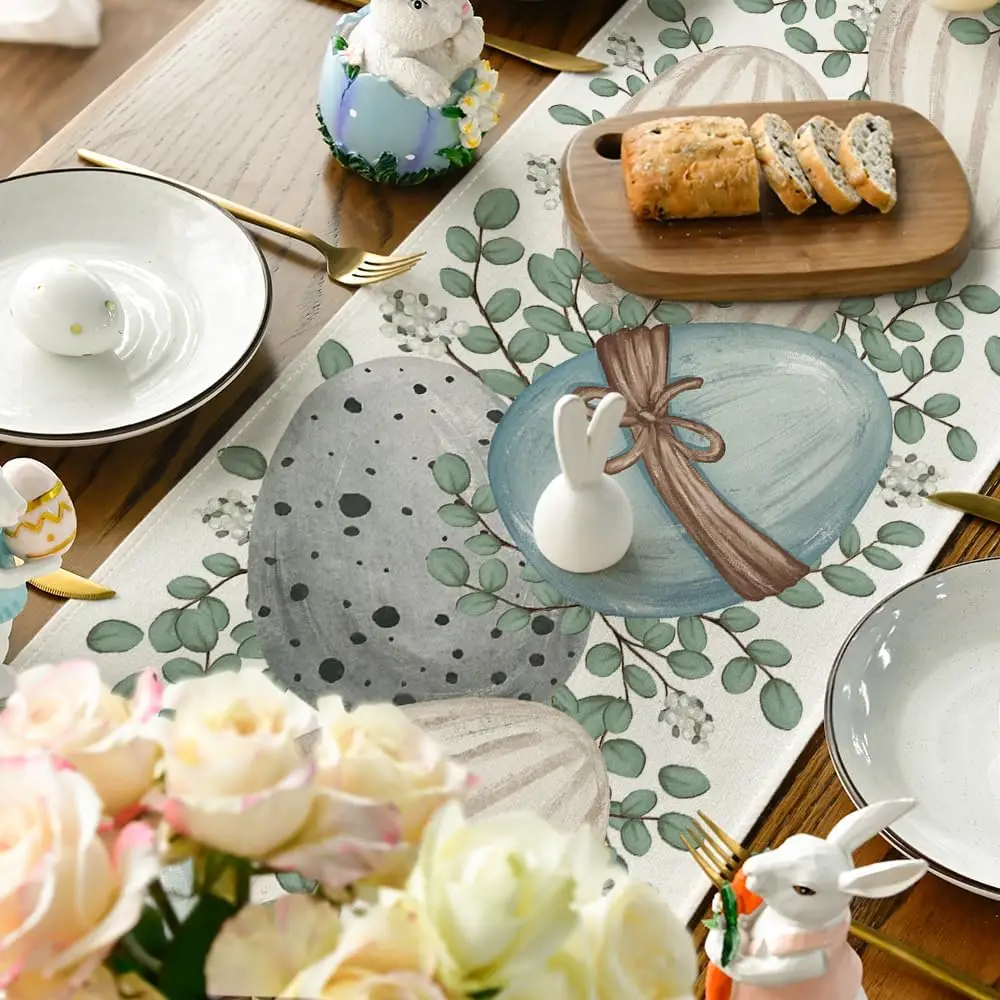 Eucalyptus Egg Easter Linen Table Runner Spring Farmhouse Kitchen Dining Table Decor for Indoor Outdoor Home Holiday Party Decor 4
