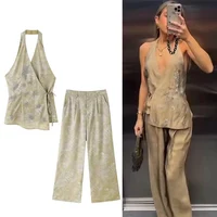 Chic Bead Embroidery Long Pants Set Women Lace Up Backless Sleeveless Tank Top Wide Leg Trousers Suits 2025 Woman Outfits