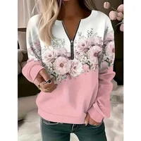 Plus Size 1XL-5XL New Women's New Comfortable and Fashionable Floral Print Zipper Long Sleeved Casual Pullover Hoodie