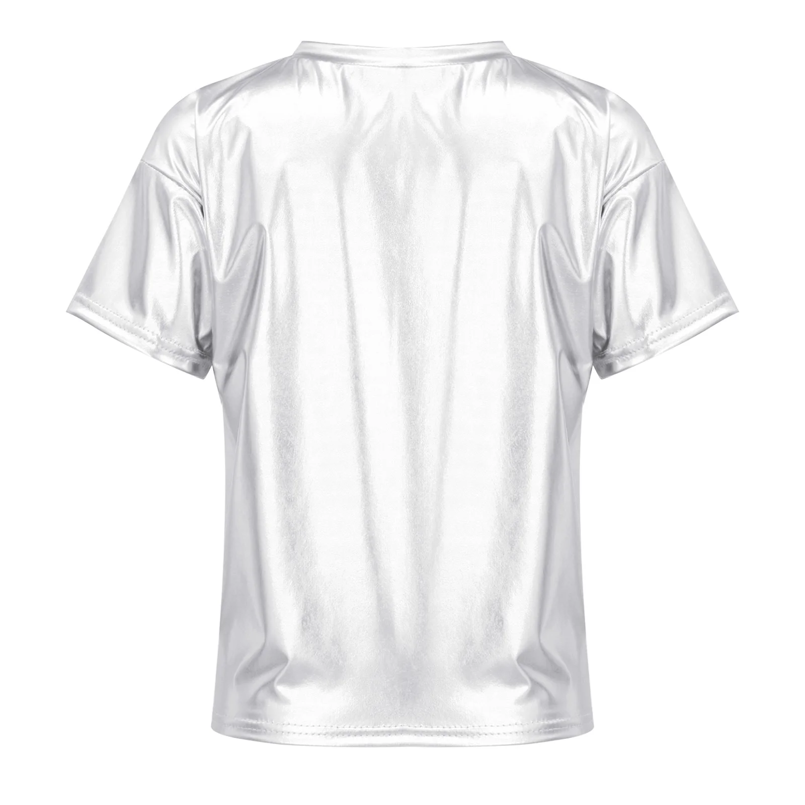 Kids Girls Boys Jazz Hip Hop Dance Competition Stage Performance Tops Dancewear Metallic Shiny Short Sleeve Round Neck T-shirt