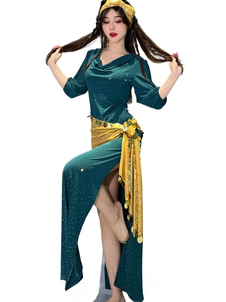 3 قطعة مجموعة وشاح الرأس حزام وتنورة ملابس رقص البطن مثير بدلة ممارسة الملابس للنساء البالغات مرحلة الأداء