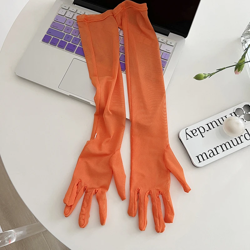 55CM Stretch Mesh Transparent Sun Protection Ice Silk Sleeve Women Summer Outdoor Sports Cycling Sunscreen Sexy Lace Long Gloves