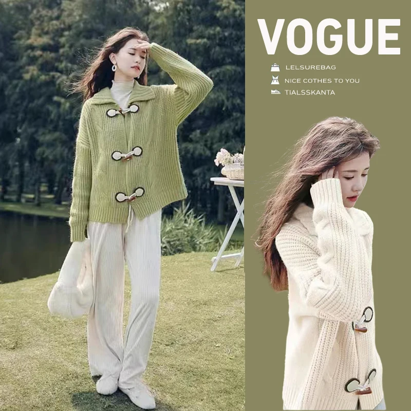 Autumn Maternity Sweaters Korean Style Long Sleeve Turn-down Collar Horn Button Fly Pregnant Woman Knitted Coats Cardigans