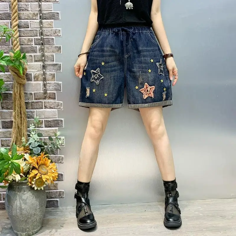 

Женские винтажные прямые шорты с вышивкой, свободные эластичные джинсы на завязках с завышенной талией и манжетами в японском стиле на лето