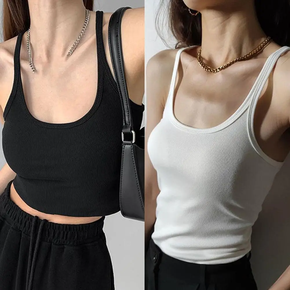 

Casual White Sleeveless Cotton Cami Top Women Fashion Fitness Tees 2024 Top Camisole Summer Ribbed Ladies Crop Basic I0C8