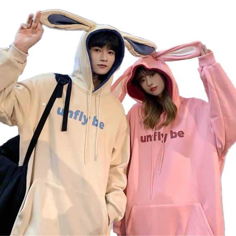 

2022 Winter Women Oversized Hoodies Warm Thicken Cute Rabbit Ears Hooded Sweatshirts Fashion Streetwear Couple Matching Tops