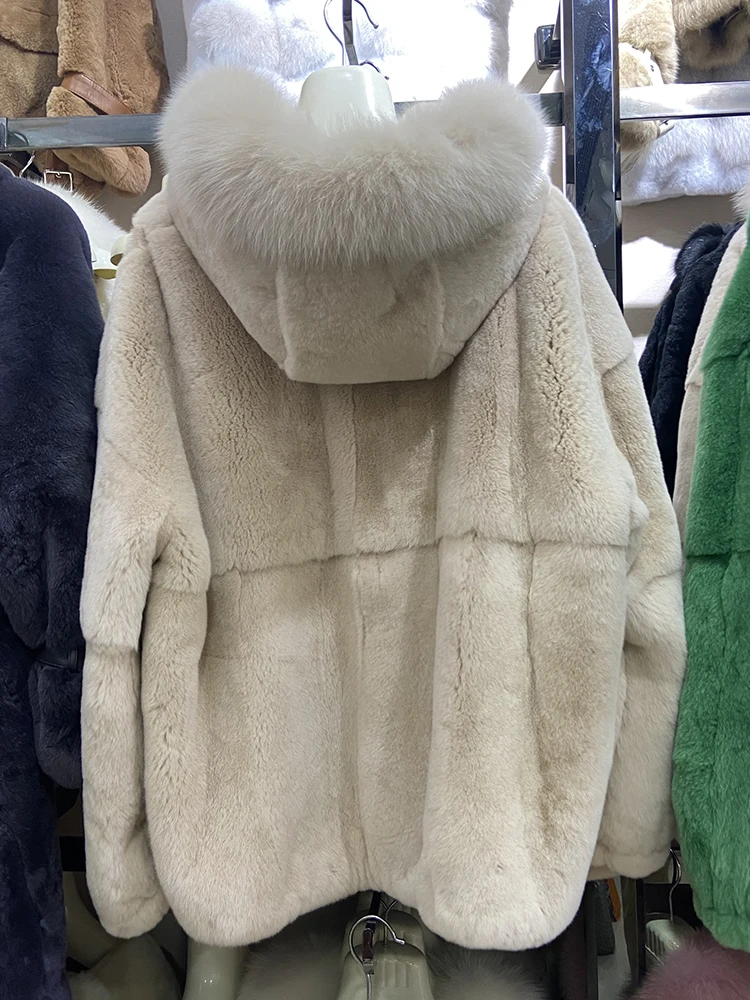Hot Sale Women Winter Warm Soft Solid Thick Real Rex Rabbit Fur Hooded Real Fox Fur Collar Long Oversize Loose Fur Outerwear