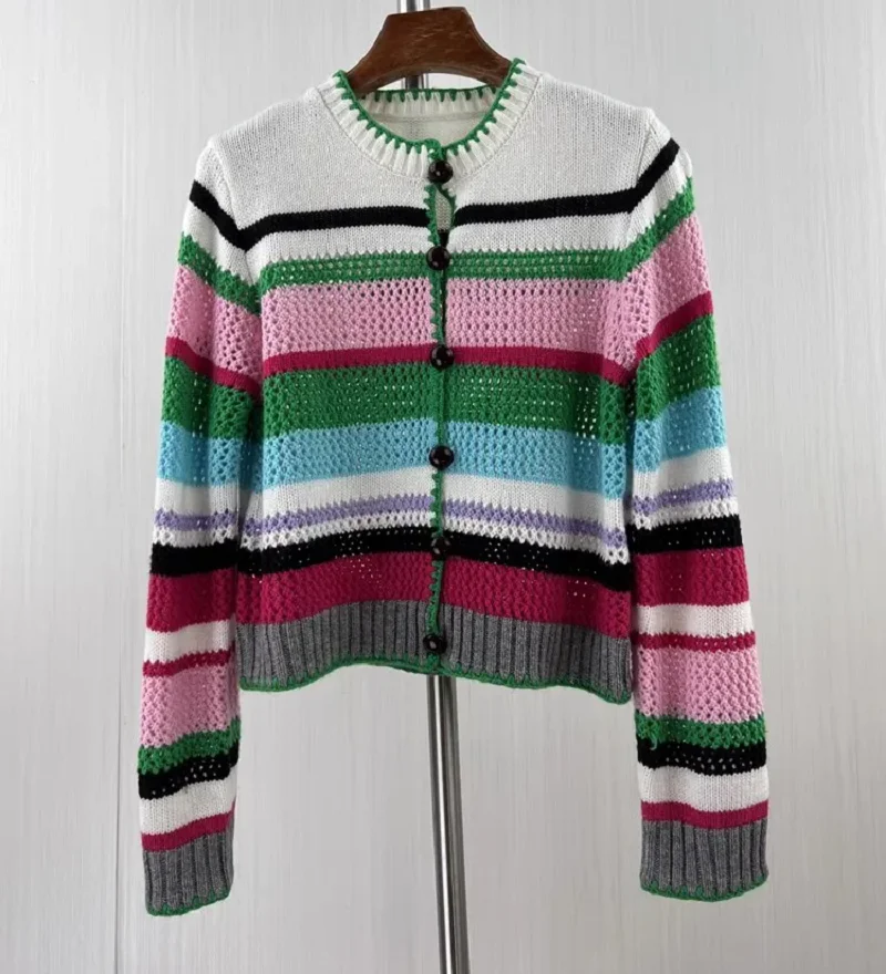 

2024 Spring Fashion Knitted Cardigan High Quality Knitwear Ladies Colorful Striped Patterns Knitting Long Sleeve Casual Coats