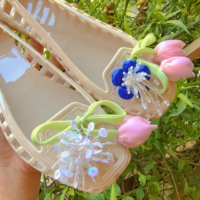 Dopamine Handcrafted Beaded Jelly Shoes Tulip Bow Crystal shoes Accessory DIY Decorative Shoe Flower Slippers Colorful Buckles