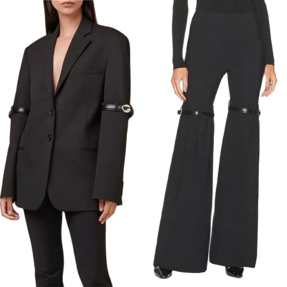 Women Suit Set 2 Pieces Cool Black Women Suits Set Jacket + Flare Pants