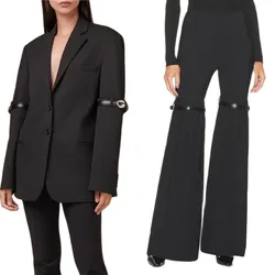 Cool Black Women Suits Set 2 Pieces Jacket+Flare Pants Belt Buckle Blazer+Elastic Waist Trousers Haute Couture