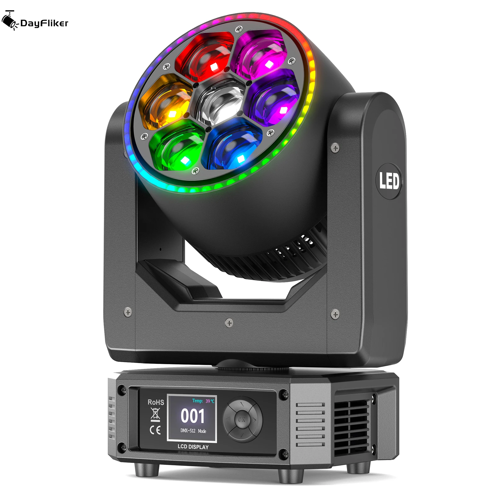 DayFlicker 350W RGBW LED Focusing Bee's Eye Moving Head Light with RGB Halo Light DMX For Bars Concerts Music Festivals Dances