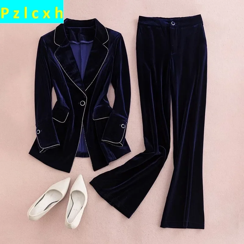 Women Temperament Slim Fit Fashion Velvet Set High End Small Suit Top Trend 2023 New Heavy Industry Golden Velvet Suit Set Coat