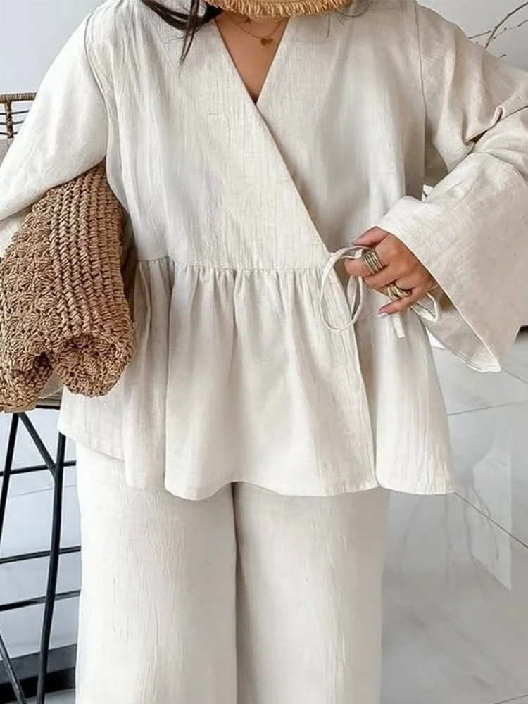 Wmstar Two Pice Set Women Wholesale Woman 2025 Summer New Design V Neck Loose Lace Up Top Wide Leg Long Pants Outfits Fancy Club