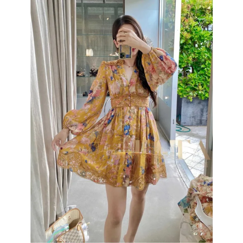 

Vintage Printed Mini Dress For Women Fashion V Neck Long Sleeved Nipped Waist Dresses Summer Lady Vacation Slim Vestidos