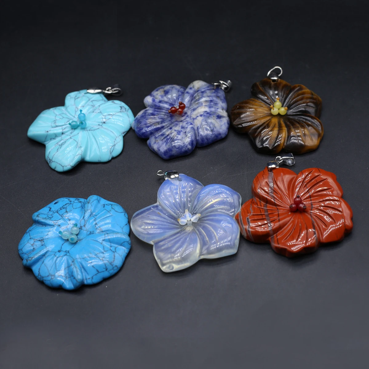 5PCS Wholesale Natural Semiprecious Stone Random Color Five petal Flower Shape Pendant Jewelry Making DIY Necklace Accessories