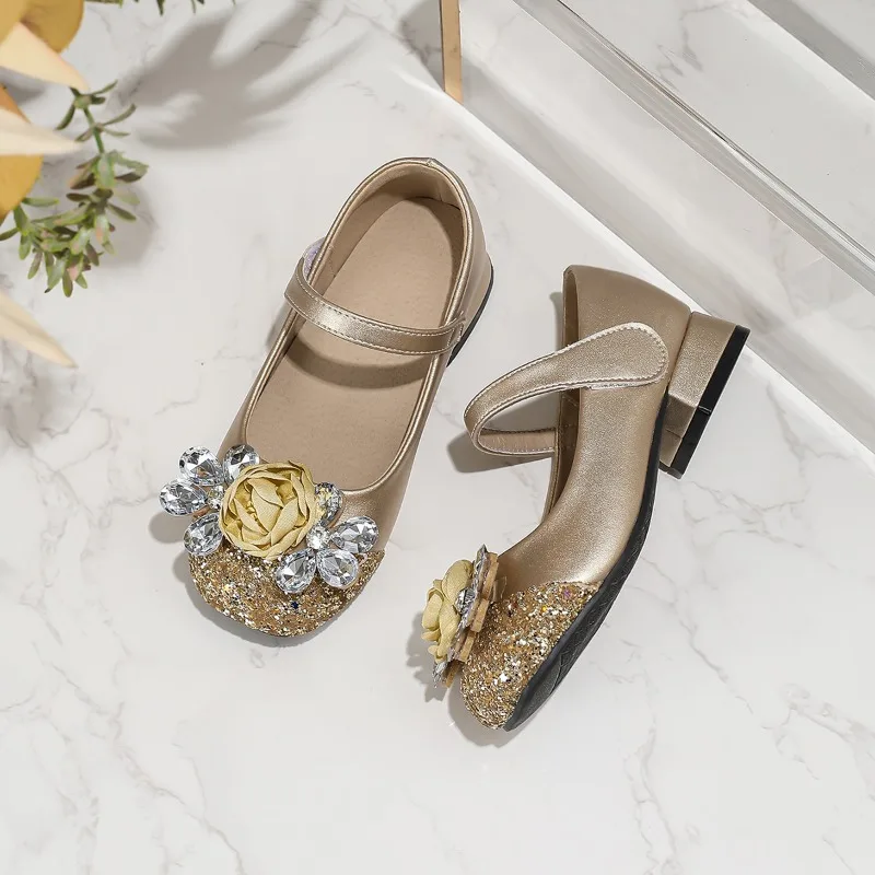 Girls Leather High Heel Shoes with Rhinestone for Wedding Party