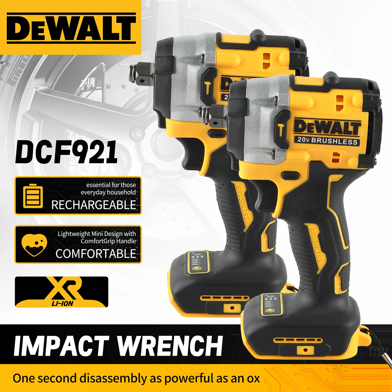 DEWALTDCF921 전기 임팩트 렌치 20V 리튬 배터리 브러시리스 무선 배터리 임팩트 렌치 가변 속도 고 토크 도구