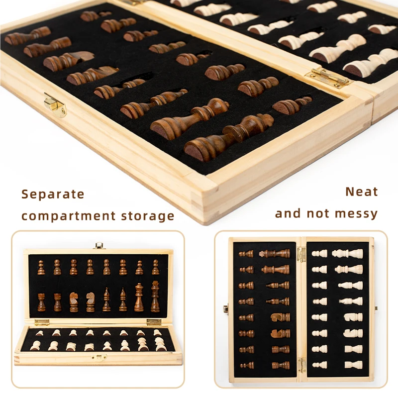 29x29cm Wooden Folding Magnetic Chess Set With 34 Chess Pieces Interior 3 in 1 Portable Travel Board Game Set for Kids Adults