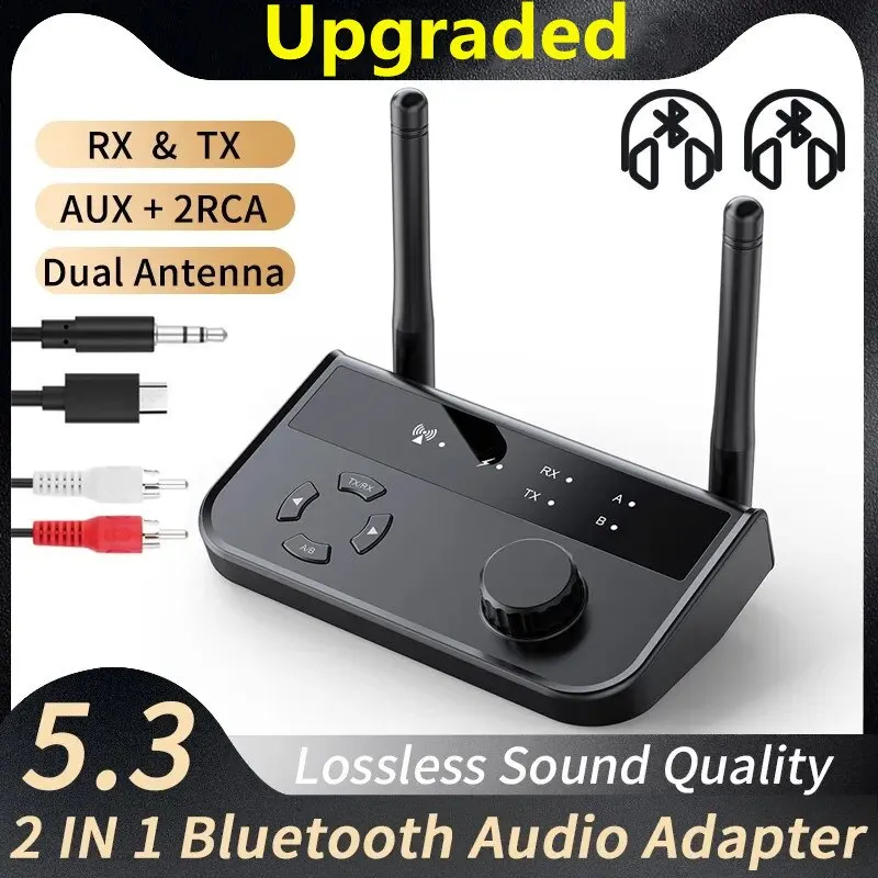 2 In 1 Bluetooth 5.3 Audio Receiver Transmitter 3.5mm Aux Jack RCA Stereo Music Wireless Adapter Dongle for TV Car PC Headphones