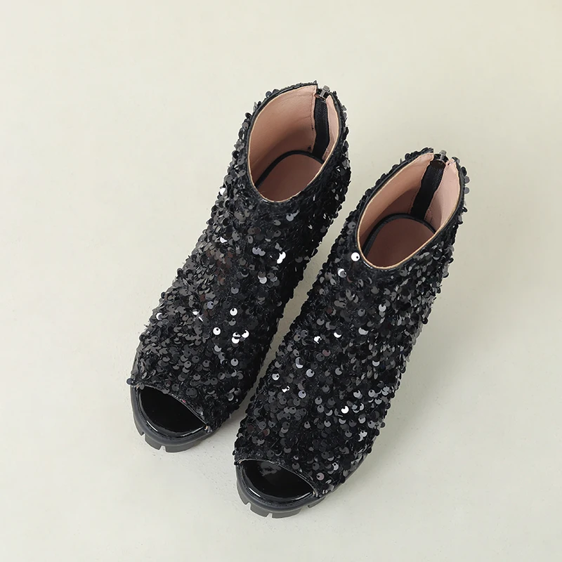 Luxury Ankle Boots for Women Peep Toe Glitter Sequined High Heels Short Booties Platform Dance Party Shoes Lady Large Size 42 43
